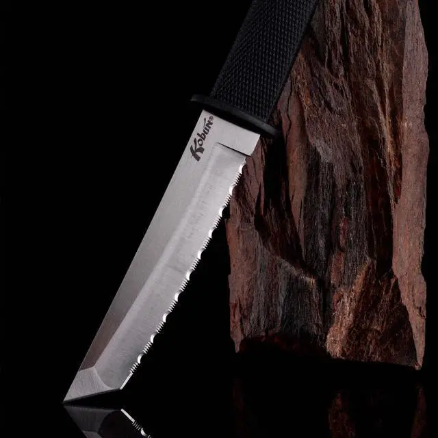 Alt view image 7 of 7 - Kobun Serrated 5.5" Japanese AUS8A Stainless Steel American Tanto Shape Fixed Blade Tactical Hunting Knife, Ergonomic Kray-Ex Handle, Secure-Ex Sheath