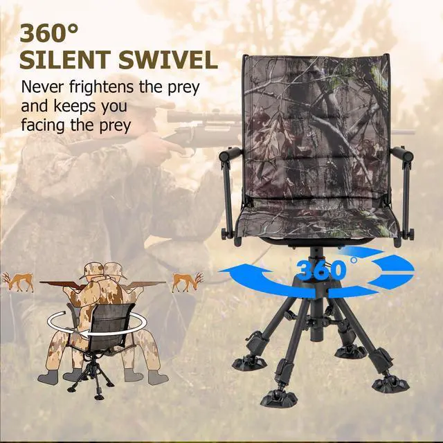 Alt view image 5 of 7 - Swivel Hunting Chair, 360 Degree Folding Hunting Blind Chair with Adjustable Height, Arm Rest & Duck Feet, 330 LBS Silent Outdoor Ground Blind Seat for Deer Dove Hunting Fishing (Camouflage)