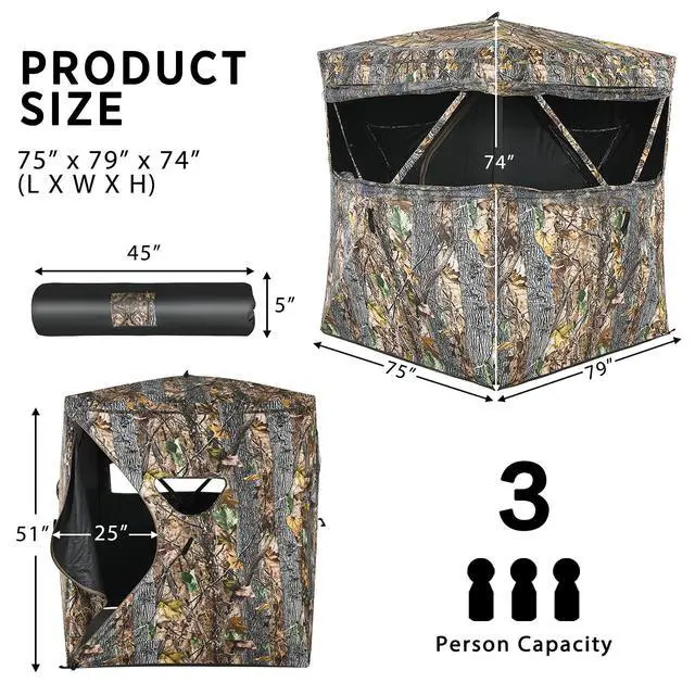 Alt view image 7 of 7 - Hunting Blind, 3 Person Pop Up See Through Silent Sliding Ground Blind with Carrying Bag, Camouflage Waterproof Deer Hunting Blind Tent