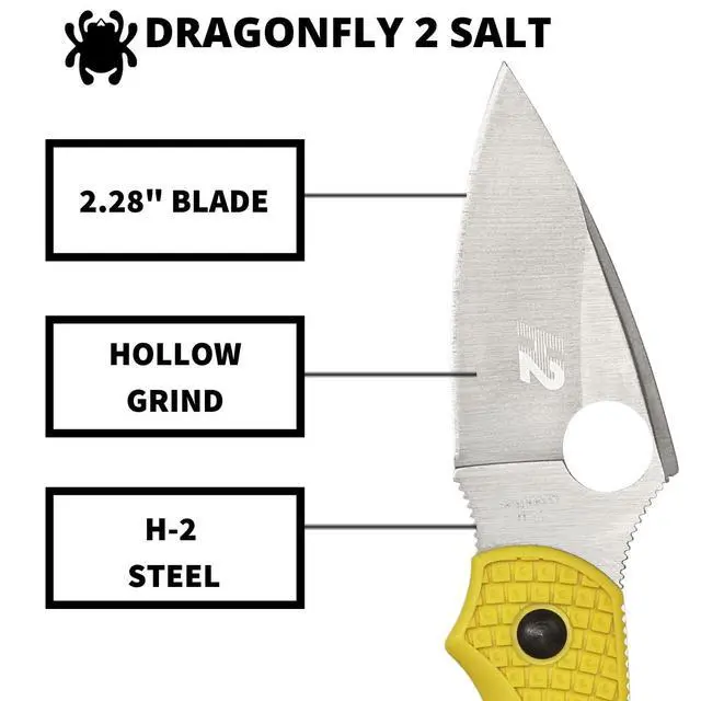 Alt view image 3 of 6 - Dragonfly 2 Salt Folding Pocket Knife, PlainEdge | 5.58" Overall Length, 2.28" H-2 Steel Blade, FRN Handle, Back Lock, Hollow Grind