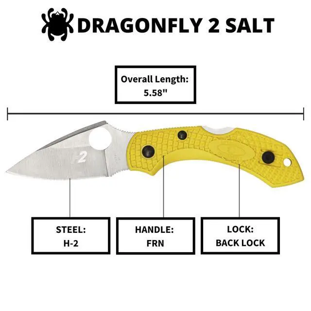Alt view image 5 of 6 - Dragonfly 2 Salt Folding Pocket Knife, PlainEdge | 5.58" Overall Length, 2.28" H-2 Steel Blade, FRN Handle, Back Lock, Hollow Grind