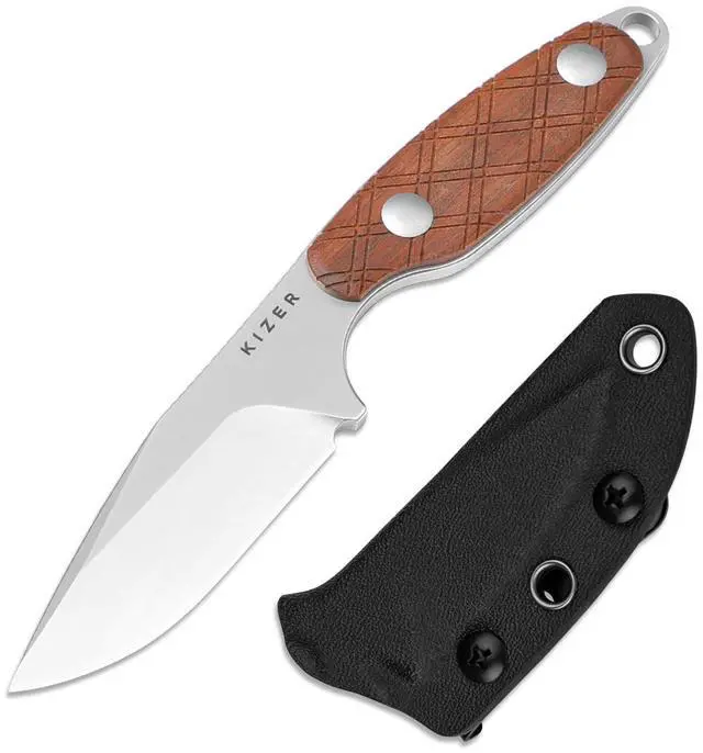 Main image of Muskrat Fixed Blade Knife, Warm Brown Mkuruti Wood Handle, 1064A2 | 3.15" S35VN Clip Point Stonewashed Blade, Small EDC Neck Knife with Black Sheath for Outdoor Hunting Survival Camping