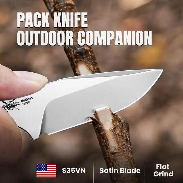 Alt view image 2 of 7 - Muskrat Fixed Blade Knife, Warm Brown Mkuruti Wood Handle, 1064A2 | 3.15" S35VN Clip Point Stonewashed Blade, Small EDC Neck Knife with Black Sheath for Outdoor Hunting Survival Camping