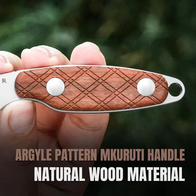 Alt view image 3 of 7 - Muskrat Fixed Blade Knife, Warm Brown Mkuruti Wood Handle, 1064A2 | 3.15" S35VN Clip Point Stonewashed Blade, Small EDC Neck Knife with Black Sheath for Outdoor Hunting Survival Camping