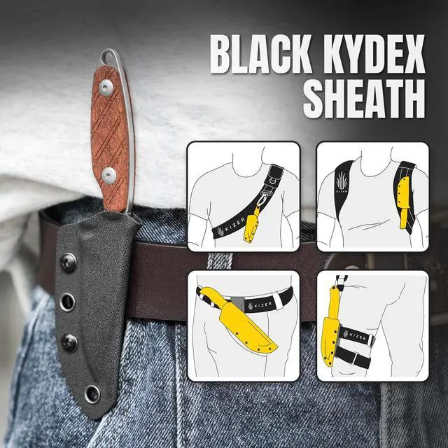 Alt view image 6 of 7 - Muskrat Fixed Blade Knife, Warm Brown Mkuruti Wood Handle, 1064A2 | 3.15" S35VN Clip Point Stonewashed Blade, Small EDC Neck Knife with Black Sheath for Outdoor Hunting Survival Camping