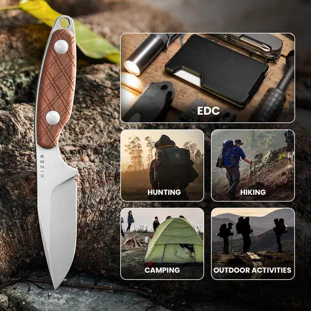 Alt view image 7 of 7 - Muskrat Fixed Blade Knife, Warm Brown Mkuruti Wood Handle, 1064A2 | 3.15" S35VN Clip Point Stonewashed Blade, Small EDC Neck Knife with Black Sheath for Outdoor Hunting Survival Camping