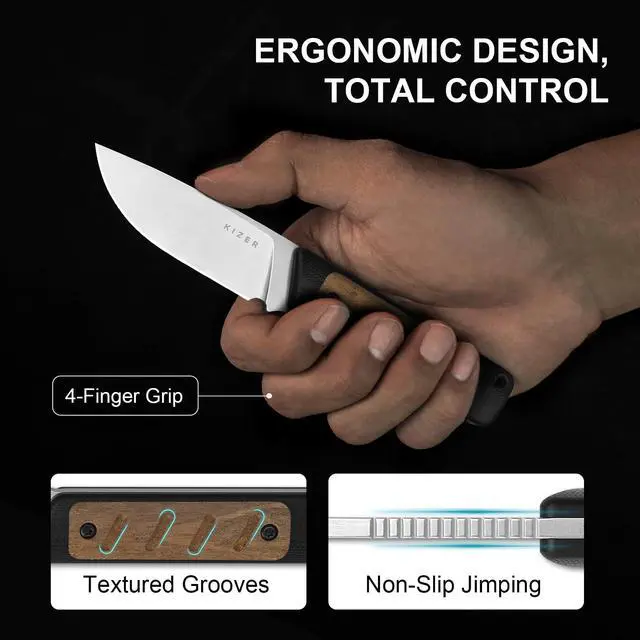 Alt view image 3 of 7 - Smolt Fixed Blade Knife, 2.93" AEB-L Fixed Blade with Black & Brown G10 Mkuruti Wood Handle, Drop Point EDC Knives with Sheath for Camping Hiking 1063M1