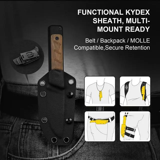Alt view image 5 of 7 - Smolt Fixed Blade Knife, 2.93" AEB-L Fixed Blade with Black & Brown G10 Mkuruti Wood Handle, Drop Point EDC Knives with Sheath for Camping Hiking 1063M1