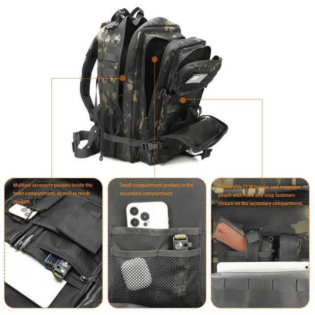Alt view image 4 of 7 - Tactical Backpack for Men, Military Backpacks with Gun Holster, Bug Out Bag 3 Day Assault Pack Large Molle Gun Backpack Pistol Bag of Handgun Black Camo