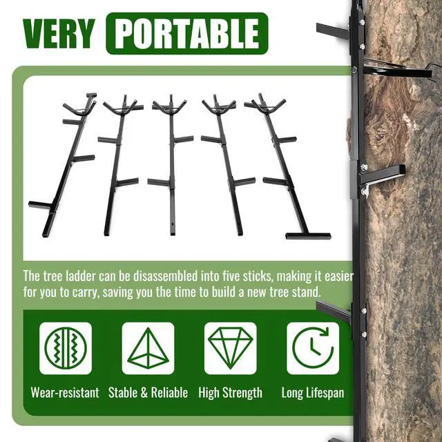 Alt view image 4 of 7 - 20 ft Climbing Stick Ladder for Tree Stands, Tree Ladder Outdoors | Slip Against, Double-Step Design, Hunting, Black