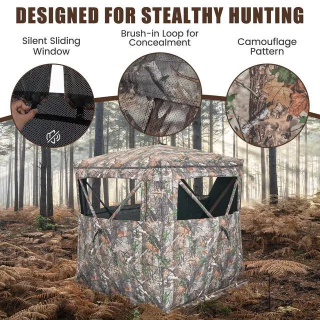 Alt view image 5 of 7 - Hunting Blind, 3 Person Pop up See Through Camouflage Deer Blind with Silent Sliding, Windows, Carrying Bag, Portable Folding Ground Blind for Dove Turkey Hunting Outdoor