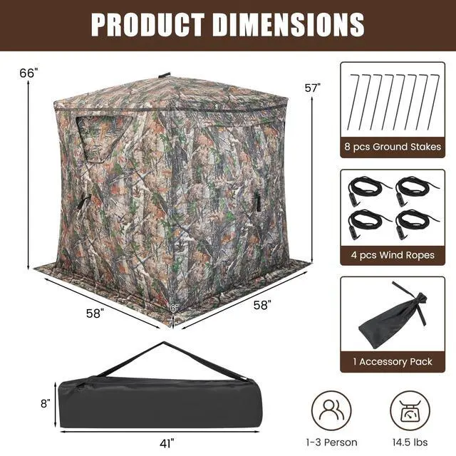 Alt view image 7 of 7 - Hunting Blind, 3 Person Pop up See Through Camouflage Deer Blind with Silent Sliding, Windows, Carrying Bag, Portable Folding Ground Blind for Dove Turkey Hunting Outdoor