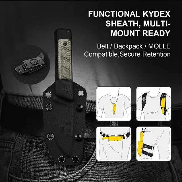 Alt view image 5 of 7 - Smolt Fixed Blade Knife, 2.93" 14C28N Fixed Blade with Black G10 & Micarta Handle, Drop Point EDC Knives with Sheath for Camping Hiking 1063A6