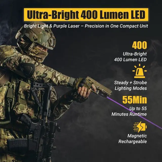 Alt view image 2 of 7 - Tactical Primal Series - 400 Lumens Flashlight w/Strobe & Single Purple Laser - Aircraft Grade Aluminum, Magnetic Rechargeable Battery - Rail Mount Light & Laser Class IIIA, <5mW