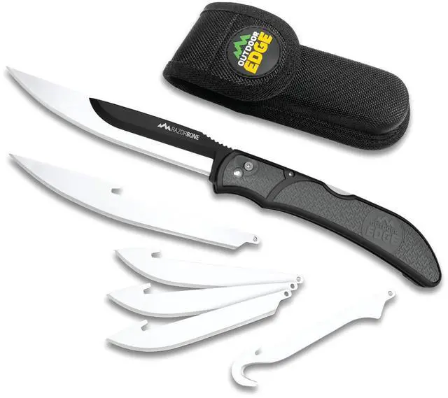 Main image of RazorBone Replaceable Blade Folding Hunting Knife with Clip & Sheath. 3 Butcher Knife Blade Styles - Boning, Gutting, & Skinning Knives. Gray, Camo Sheath, 6 Blades & Blade Box