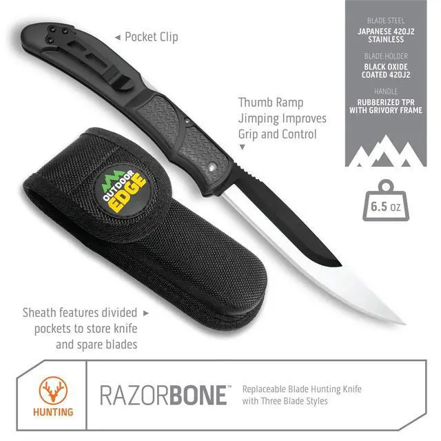 Alt view image 3 of 6 - RazorBone Replaceable Blade Folding Hunting Knife with Clip & Sheath. 3 Butcher Knife Blade Styles - Boning, Gutting, & Skinning Knives. Gray, Camo Sheath, 6 Blades & Blade Box