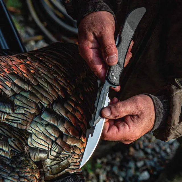 Alt view image 6 of 6 - RazorBone Replaceable Blade Folding Hunting Knife with Clip & Sheath. 3 Butcher Knife Blade Styles - Boning, Gutting, & Skinning Knives. Gray, Camo Sheath, 6 Blades & Blade Box