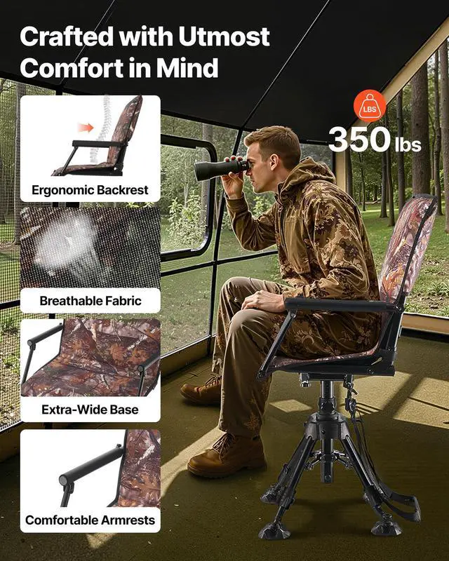 Alt view image 4 of 7 - Hunting Chair, 360° Silent Swivel, Foldable Portable Blind Chair, Heavy-Duty Steel Frame Ground Stool Seat, with Armrests, Cover, Anti-Sink Feet, Height Adjustable, 350 Lbs Capacity for Camping