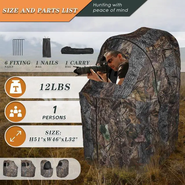 Alt view image 4 of 7 - Hunting Chair Blind, 1/2 Man See Through Ground Blind, Camo Tent | Built-in Chair, Portable Blind, One-Way See Through, 1/2 Person, Camouflage, With Carrying Bag, Hunting Blind, Hunting Gear