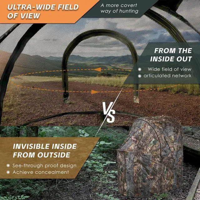 Alt view image 2 of 7 - Hunting Chair Blind, 1/2 Man See Through Ground Blind, Camo Tent | Built-in Chair, Portable Blind, One-Way See Through, 1/2 Person, Camouflage, With Carrying Bag, Hunting Blind, Hunting Gear