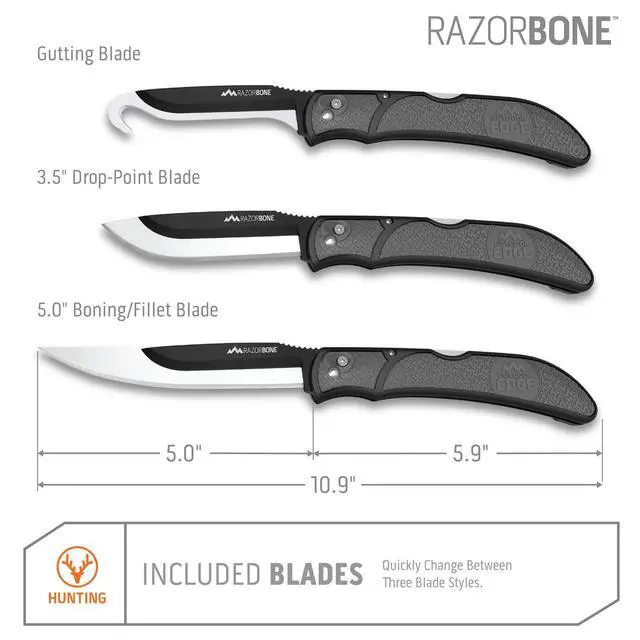 Alt view image 4 of 6 - RazorBone Replaceable Blade Folding Hunting Knife with Clip & Sheath. 3 Butcher Knife Blade Styles - Boning, Gutting, & Skinning Knives. Gray, Camo Sheath, 6 Blades & Blade Box