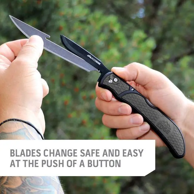 Alt view image 5 of 6 - RazorBone Replaceable Blade Folding Hunting Knife with Clip & Sheath. 3 Butcher Knife Blade Styles - Boning, Gutting, & Skinning Knives. Gray, Camo Sheath, 6 Blades & Blade Box