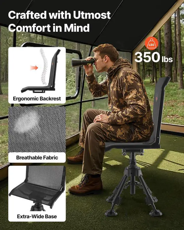 Alt view image 4 of 7 - Hunting Chair, 360° Silent Swivel, Foldable Portable Blind Chair, Heavy-Duty Steel Frame Ground Stool Seat with Anti-Sink Swivel Feet, Height Adjustable, 350 Lbs Capacity for Fishing Camping
