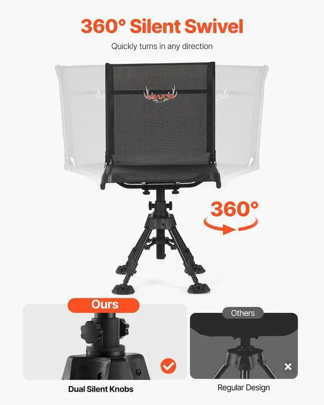 Alt view image 5 of 7 - Hunting Chair, 360° Silent Swivel, Foldable Portable Blind Chair, Heavy-Duty Steel Frame Ground Stool Seat with Anti-Sink Swivel Feet, Height Adjustable, 350 Lbs Capacity for Fishing Camping