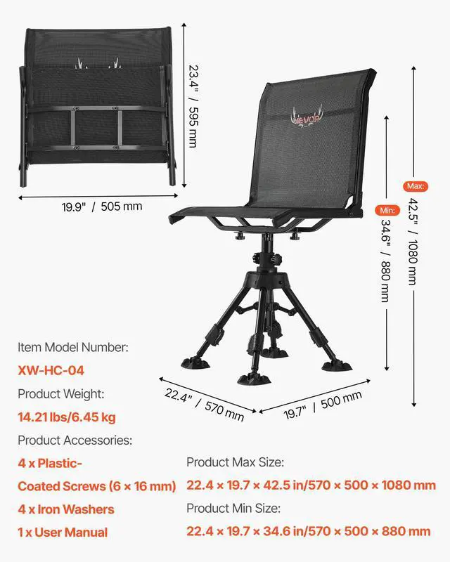 Alt view image 3 of 7 - Hunting Chair, 360° Silent Swivel, Foldable Portable Blind Chair, Heavy-Duty Steel Frame Ground Stool Seat with Anti-Sink Swivel Feet, Height Adjustable, 350 Lbs Capacity for Fishing Camping