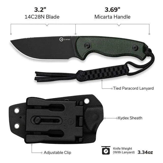 Alt view image 6 of 6 - Timberbark Fixed Blade Knife with Kydex Sheath & Clip, 3.2" 14C28N Blade Micarta Handle with Lanyard, Ideal EDC Hunting Knife for Outdoor Adventures Camping Hiking C23094-3, Green