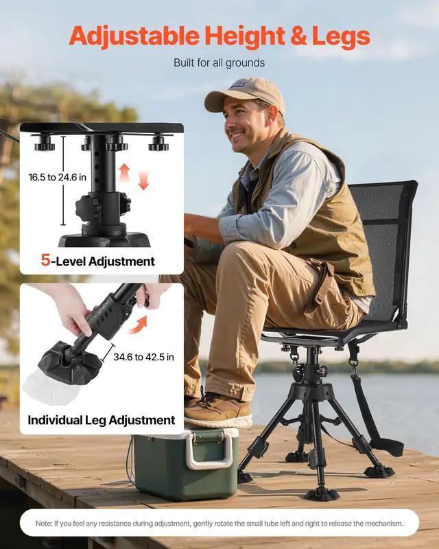 Alt view image 6 of 7 - Hunting Chair, 360° Silent Swivel, Foldable Portable Blind Chair, Heavy-Duty Steel Frame Ground Stool Seat with Anti-Sink Swivel Feet, Height Adjustable, 350 Lbs Capacity for Fishing Camping
