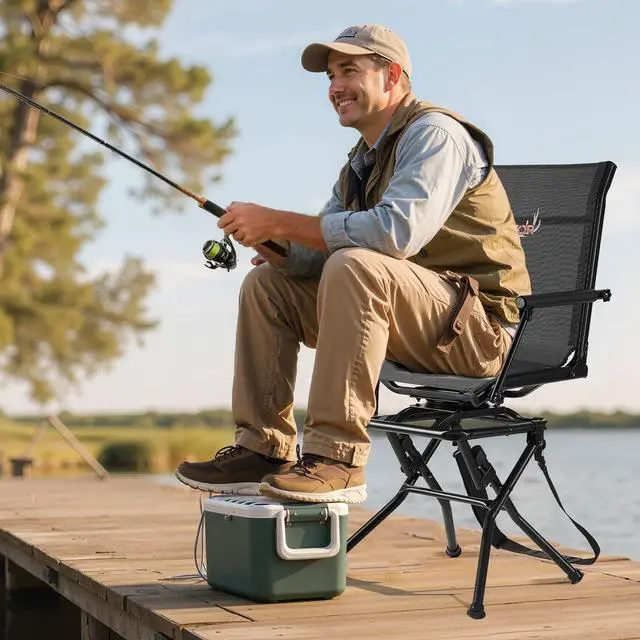 Alt view image 2 of 7 - Hunting Chair, 360° Silent Swivel, Foldable Lightweight Portable Blind Chair, Heavy-Duty Steel Frame Ground Stool Seat, with Armrest, Adjustable Carry Strap, 300 Lbs Capacity for Fishing Camping