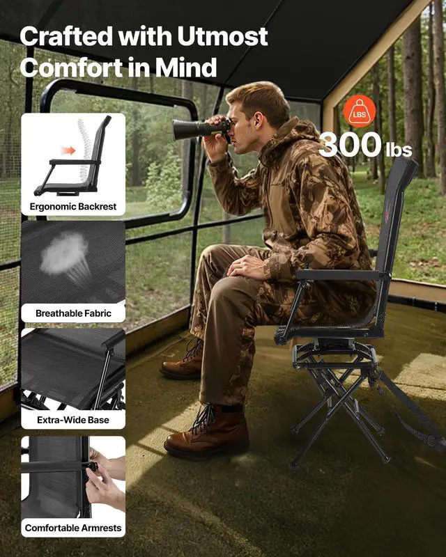 Alt view image 4 of 7 - Hunting Chair, 360° Silent Swivel, Foldable Lightweight Portable Blind Chair, Heavy-Duty Steel Frame Ground Stool Seat, with Armrest, Adjustable Carry Strap, 300 Lbs Capacity for Fishing Camping