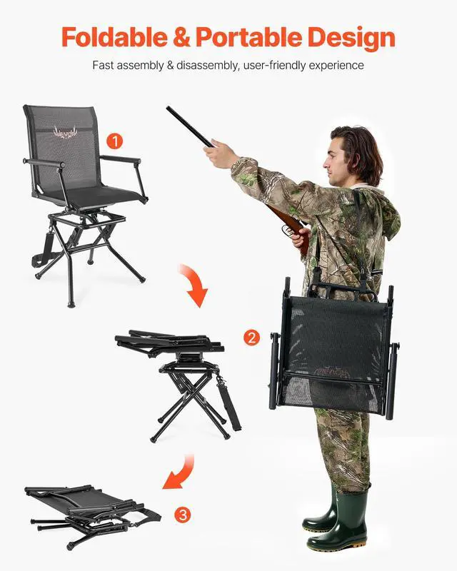 Alt view image 7 of 7 - Hunting Chair, 360° Silent Swivel, Foldable Lightweight Portable Blind Chair, Heavy-Duty Steel Frame Ground Stool Seat, with Armrest, Adjustable Carry Strap, 300 Lbs Capacity for Fishing Camping