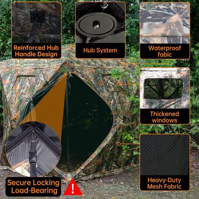 Alt view image 4 of 7 - Hunting Blind - 2-3 Person & 3-4 Person 360 Degree See Through Ground Blinds for Hunting Deer and Turkey, Pop Up Deer Blind with Diamond-Shaped Door, Mud Flap, Portable Carry Bag