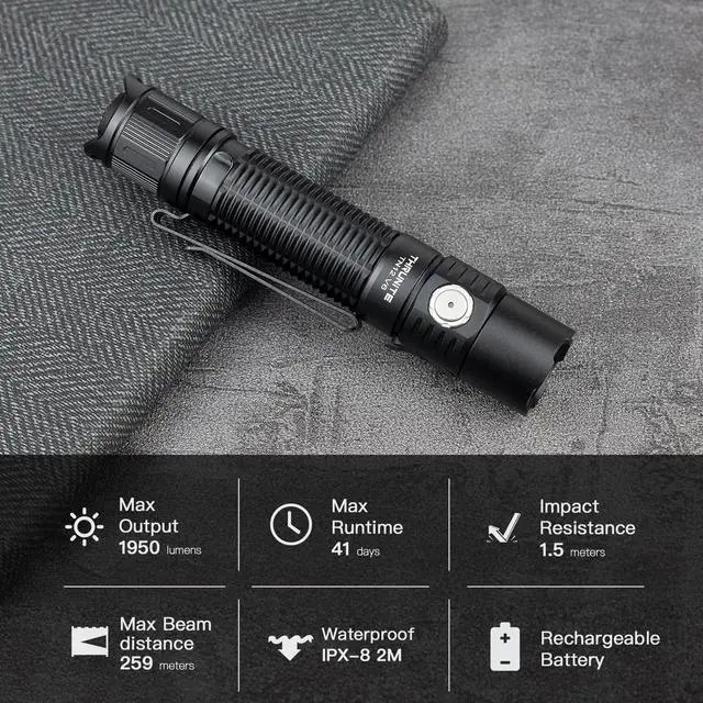 Alt view image 2 of 7 - TN12 V6 Rechargeable Tactical Flashlight, True 1950 Lumens 259m Throw, EDC Pocket LED Flashlight High Lumens, USB-C Dual Switch, IPX8 Waterproof Police Duty Light with Holster