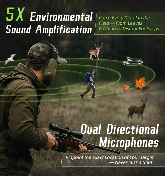 Alt view image 4 of 6 - 2 Pack Digital Electronic Shooting Ear Protection 5X Sound Amplification Earmuffs, 23dB NRR Low Profile Noise Reduction Hearing Protection for Gun Range and Hunting, Green&Black