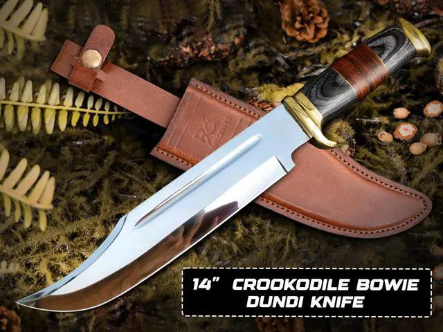 Alt view image 7 of 7 - 14 Inch Crocodile Dundee Bowie knife with Leather Sheath Fixed Blade Hunting Knife with Sheath-Tactical Survival Knife for Outdoor Camping, EDC, Knife for Men
