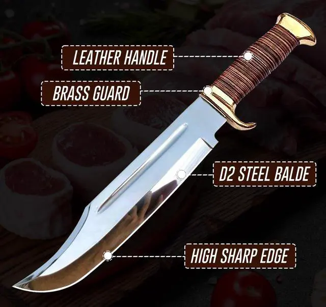 Alt view image 3 of 7 - 14" Crocodile Dundee-Fixed Blade Bowie Knife With Sheath-Survival-Hunting Knife with Leather Handle-Tactical Knife for Camping, Outdoor, Bushcraft - Gift for Men