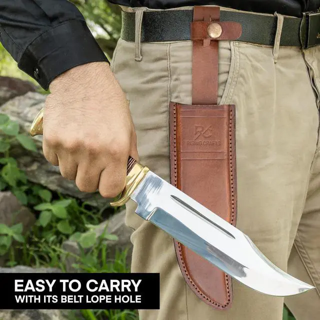 Alt view image 2 of 7 - 14" Crocodile Dundee-Fixed Blade Bowie Knife With Sheath-Survival-Hunting Knife with Leather Handle-Tactical Knife for Camping, Outdoor, Bushcraft - Gift for Men