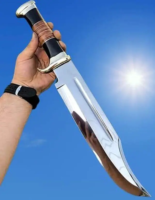 Main image of D2 17 Inches Large Crocodile Dundee Bowie Knife with Leather Sheath Big Survival Fixed Blade Knife with Leather and Horn Handle for Outdoor Camping Knives For Men