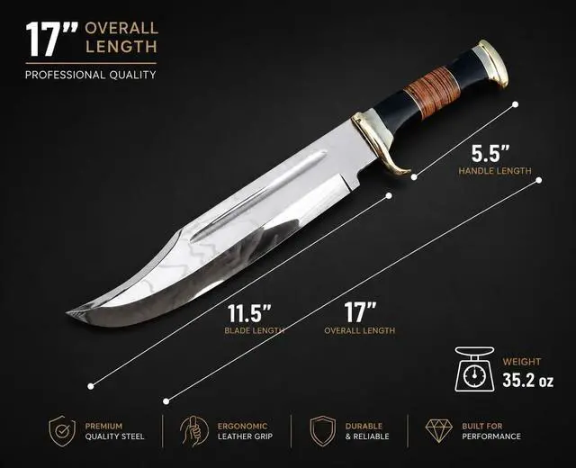 Alt view image 2 of 5 - D2 17 Inches Large Crocodile Dundee Bowie Knife with Leather Sheath Big Survival Fixed Blade Knife with Leather and Horn Handle for Outdoor Camping Knives For Men