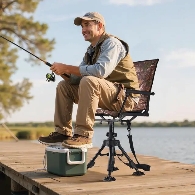 Alt view image 2 of 7 - Hunting Chair, 360° Silent Swivel, Foldable Portable Blind Chair, Heavy-Duty Steel Frame Ground Stool Seat, with Armrests, Cover, Anti-Sink Feet, Height Adjustable, 350 Lbs Capacity for Camping