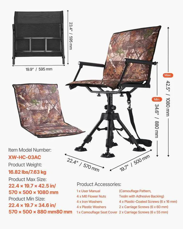 Alt view image 3 of 7 - Hunting Chair, 360° Silent Swivel, Foldable Portable Blind Chair, Heavy-Duty Steel Frame Ground Stool Seat, with Armrests, Cover, Anti-Sink Feet, Height Adjustable, 350 Lbs Capacity for Camping