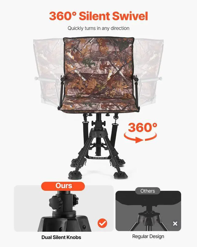 Alt view image 5 of 7 - Hunting Chair, 360° Silent Swivel, Foldable Portable Blind Chair, Heavy-Duty Steel Frame Ground Stool Seat, with Armrests, Cover, Anti-Sink Feet, Height Adjustable, 350 Lbs Capacity for Camping