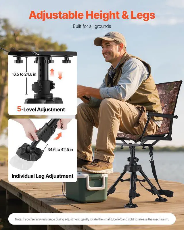 Alt view image 6 of 7 - Hunting Chair, 360° Silent Swivel, Foldable Portable Blind Chair, Heavy-Duty Steel Frame Ground Stool Seat, with Armrests, Cover, Anti-Sink Feet, Height Adjustable, 350 Lbs Capacity for Camping
