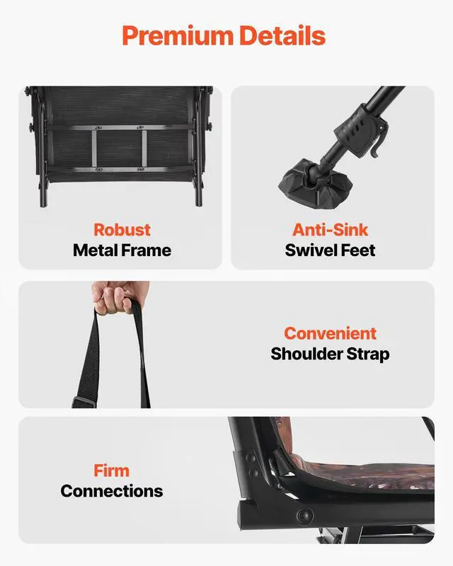 Alt view image 7 of 7 - Hunting Chair, 360° Silent Swivel, Foldable Portable Blind Chair, Heavy-Duty Steel Frame Ground Stool Seat, with Armrests, Cover, Anti-Sink Feet, Height Adjustable, 350 Lbs Capacity for Camping