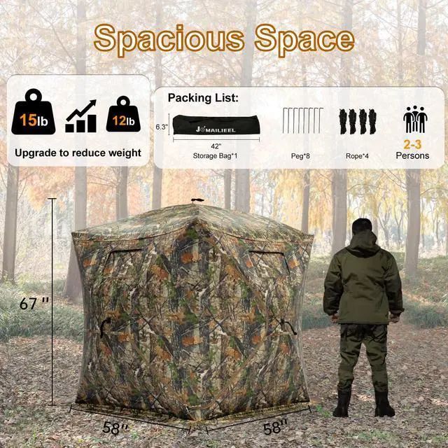 Alt view image 7 of 7 - Hunting Blind - 2-3 Person & 3-4 Person 360 Degree See Through Ground Blinds for Hunting Deer and Turkey, Pop Up Deer Blind with Diamond-Shaped Door, Mud Flap, Portable Carry Bag