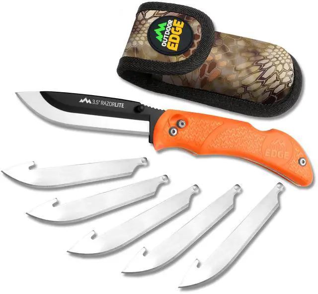 Main image of Razor-Lite Folding Hunting Knife 3.5 Replaceable Razor Blades, Non-Slip Rubber Handle, Lock-Back Safety, Includes 6 Blades and Nylon Sheath