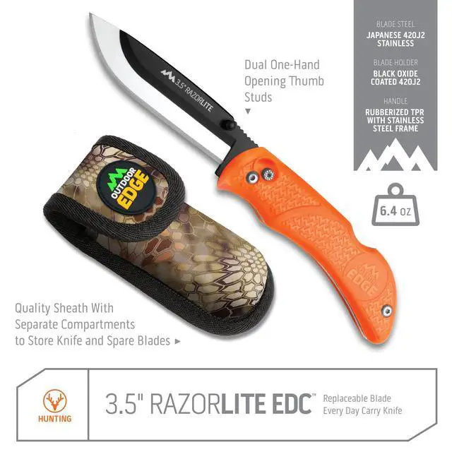Alt view image 2 of 6 - Razor-Lite Folding Hunting Knife 3.5 Replaceable Razor Blades, Non-Slip Rubber Handle, Lock-Back Safety, Includes 6 Blades and Nylon Sheath